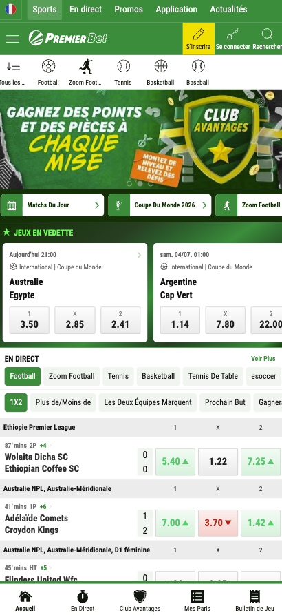 Écran d'accueil sportsbook de l'application Premier Bet avec liste des matchs de football