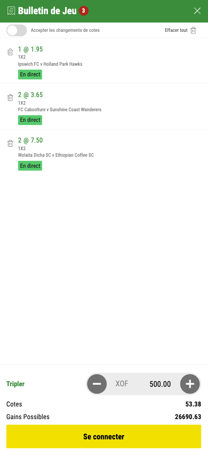 Coupon de pari combiné dans l'application mobile Premier Bet Côte d'Ivoire