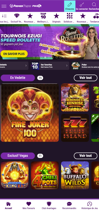 Section casino Vegas machines à sous de l'app Premier Bet